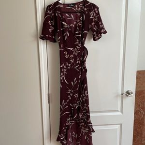 Burgundy Floral Print Wrap Maxi Dress